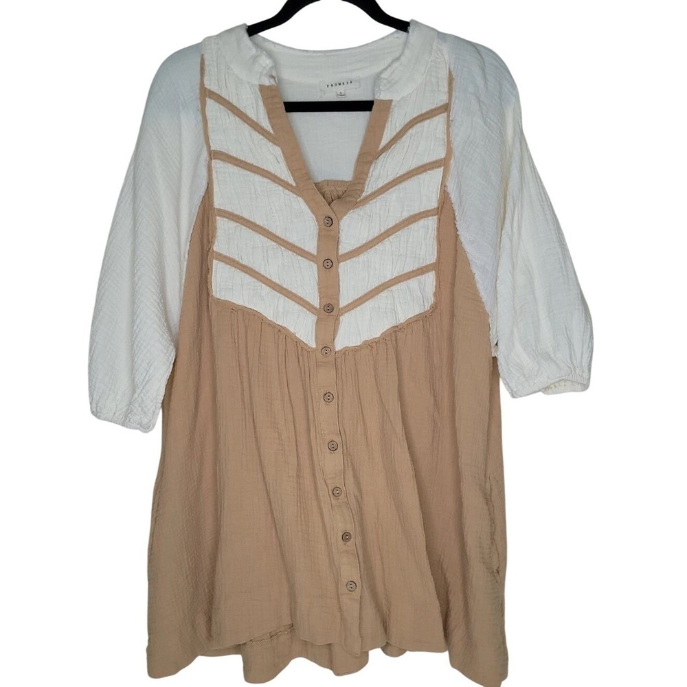 Promesa‎ S Beige White Smock Dress V-Neck 3/4 Raglan Sleeve Boho Festival